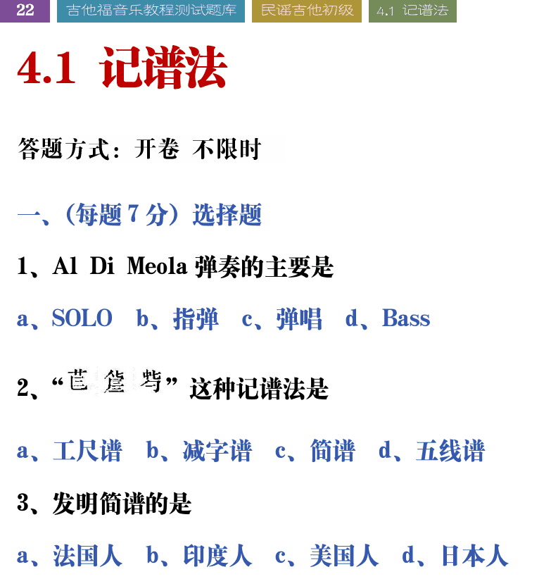 吉他音乐测试题库 第22页  4.1_记谱法  [左上]