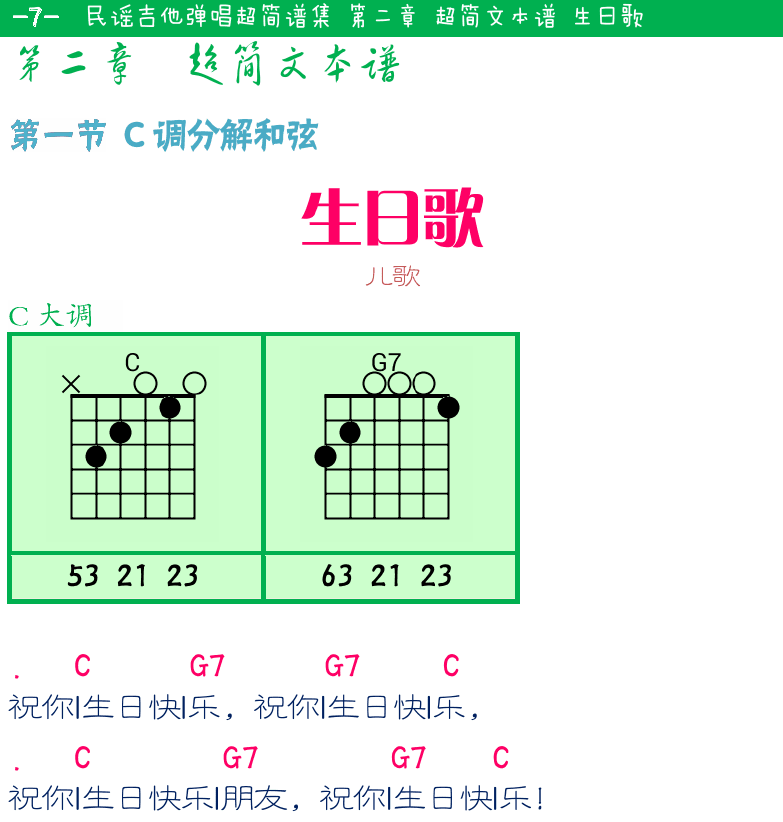 民谣弹唱超简谱集 第7页  第二章_超简文本谱  第一节_C调分解和弦  生日歌  新年好  [左上]