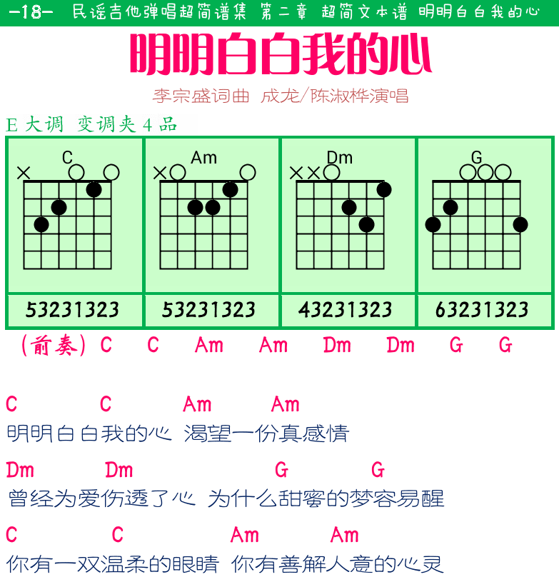 民谣弹唱超简谱集 第18页  明明白白我的心  荷塘月色  [左上]