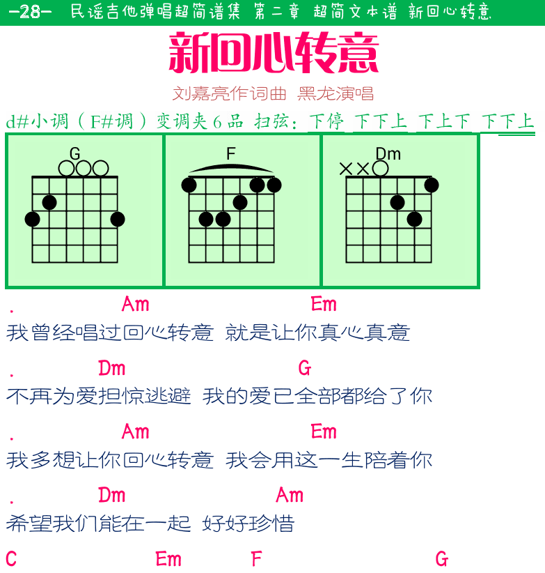民谣弹唱超简谱集 第28页  新回心转意  蓝莲花  [左上]