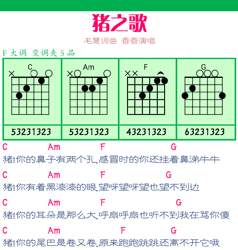 民谣弹唱超简谱集 第9页  春天里  猪之歌  [右上]