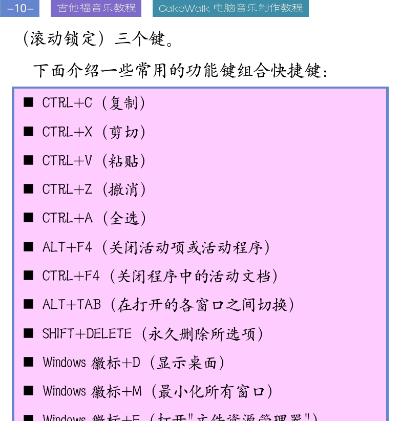 Cakewalk电脑音乐制作教程 第10页  正确打字指法  开关机  系统引导程序  热启键  [左上]