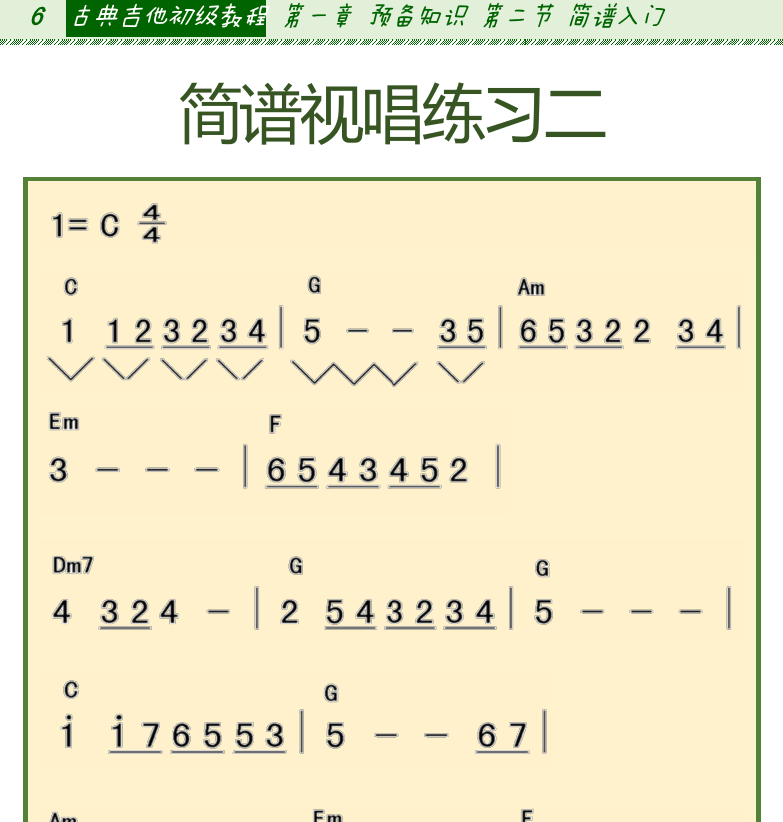 古典吉他初级教程 第6页  简谱视唱练习二  简谱视唱练习三  [左上]