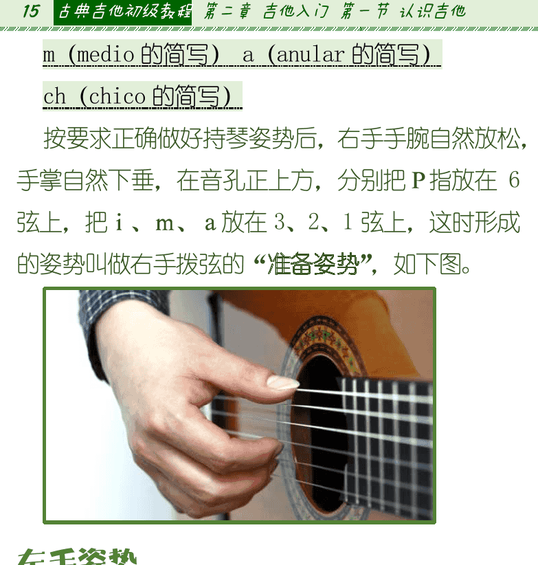 古典吉他初级教程 第15页  左手姿势  传统横握按弦方式  现代抓握按弦方式  右手演奏方法  [左上]