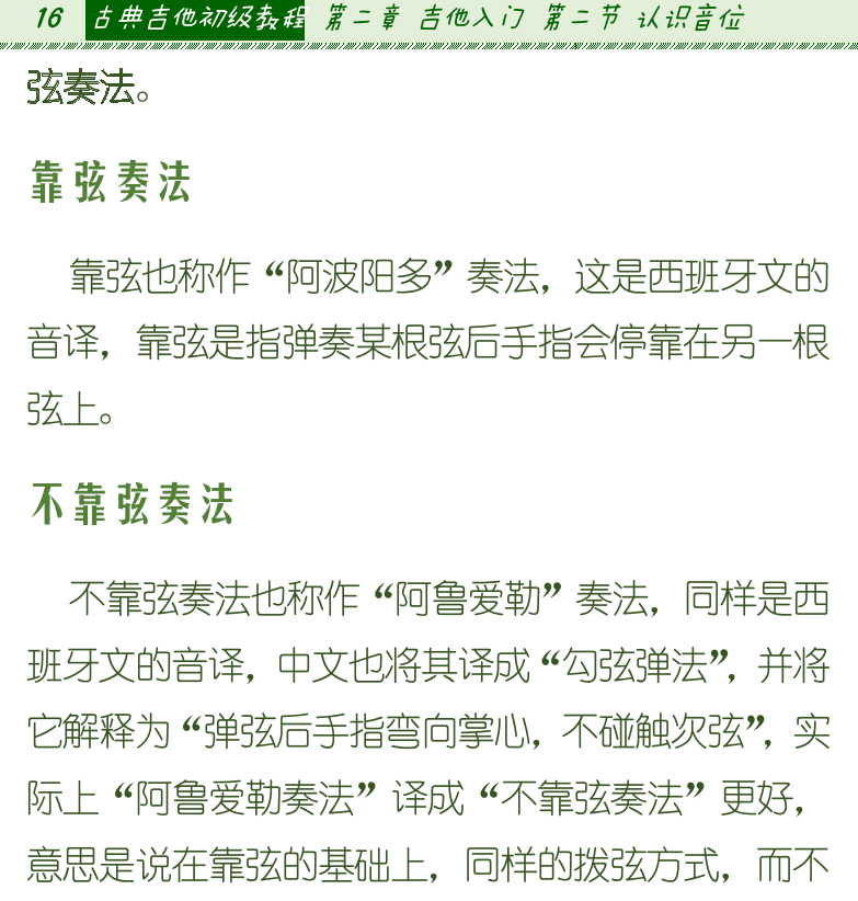 古典吉他初级教程 第16页  靠弦奏法  不靠弦奏法  靠弦和不靠弦  第二节_认识音位  音的属性  音高  音长  [左上]