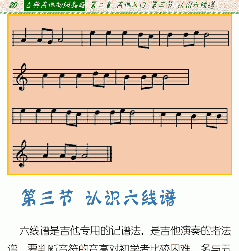 古典吉他初级教程 第20页  第三节_认识六线谱  六线谱简介  音符时值  六线谱和简谱  附点音符  [左上]