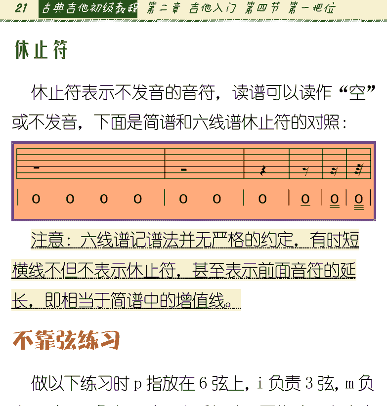 古典吉他初级教程 第21页  休止符  不靠弦练习  靠弦练习  兰花草  第四节_第一把位  把位  [左上]