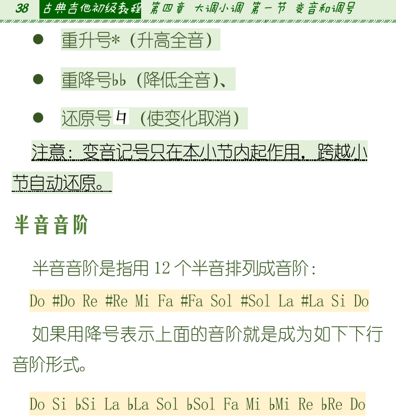 古典吉他初级教程 第38页  半音音阶  调号和调高  [左上]