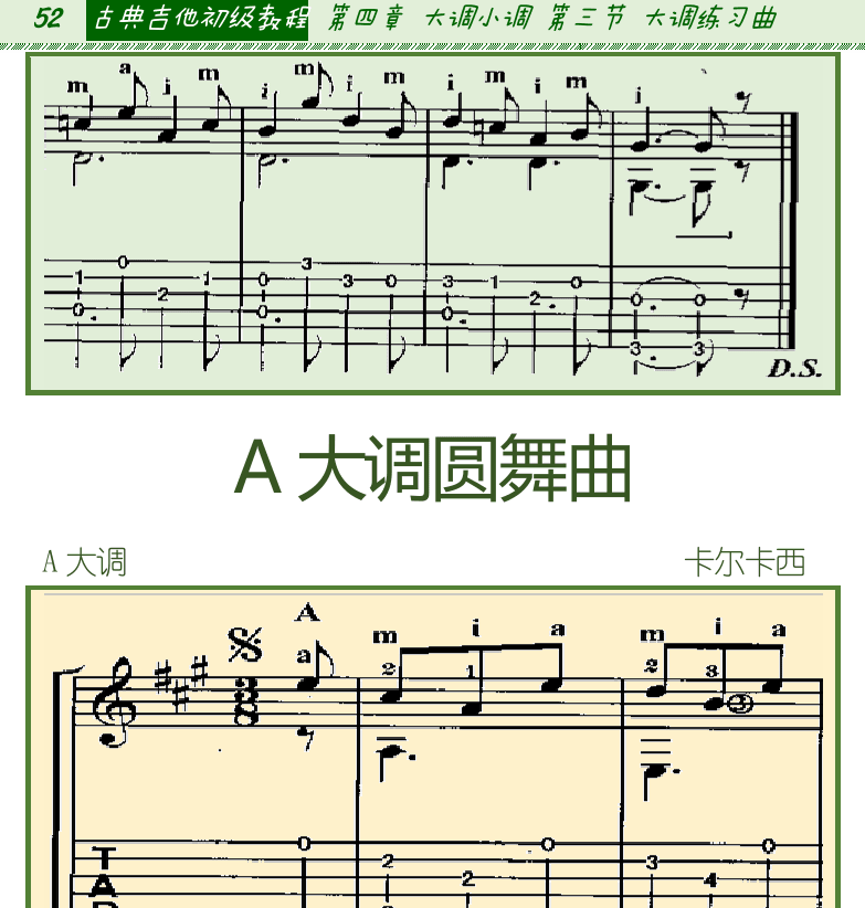 古典吉他初级教程 第52页  A大调圆舞曲  [左上]
