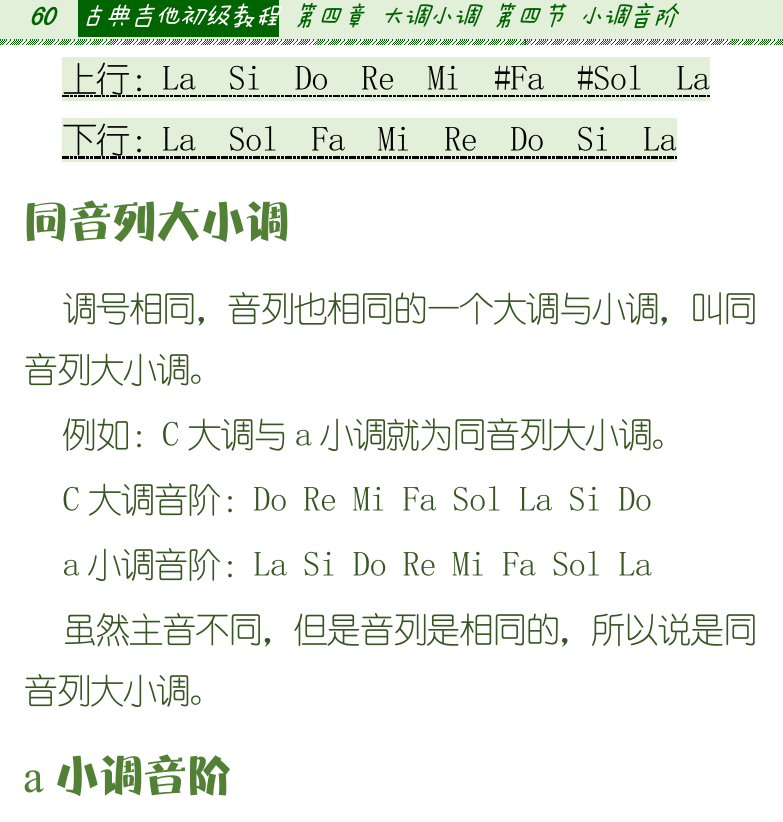 古典吉他初级教程 第60页  同音列大小调  A小调音阶  E小调音阶  [左上]