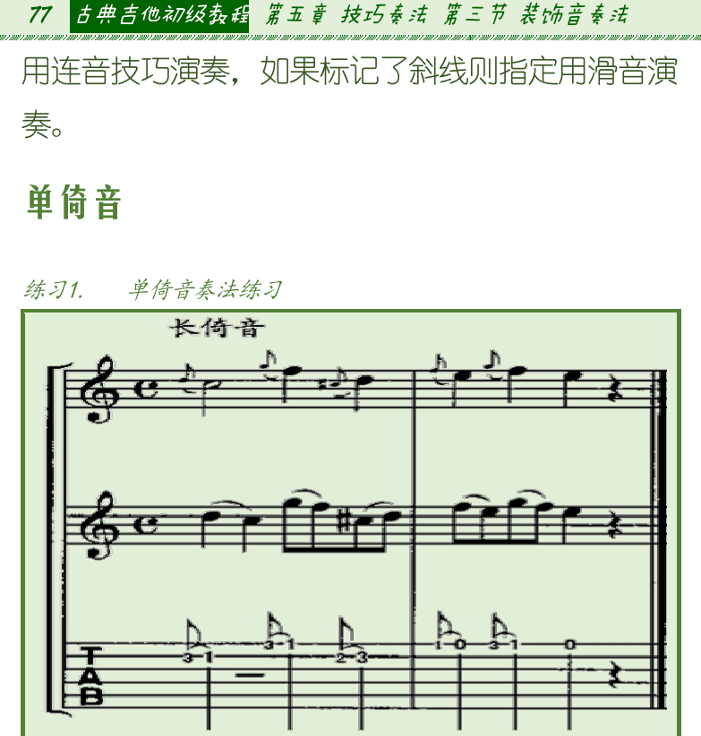 古典吉他初级教程 第77页  单倚音  双倚音  涟音奏法  [左上]