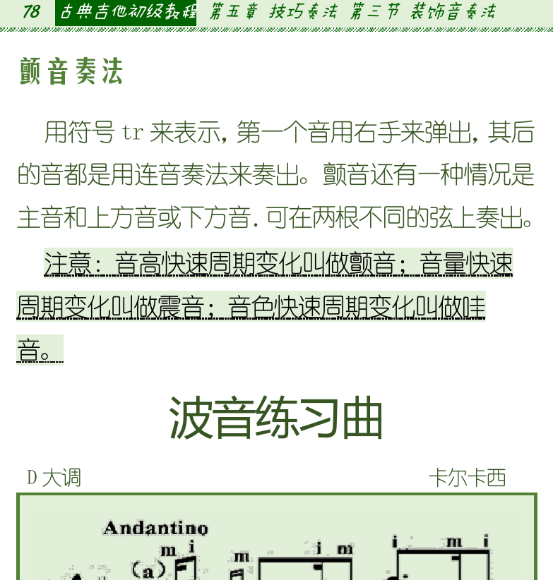 古典吉他初级教程 第78页  颤音奏法  波音练习曲  [左上]