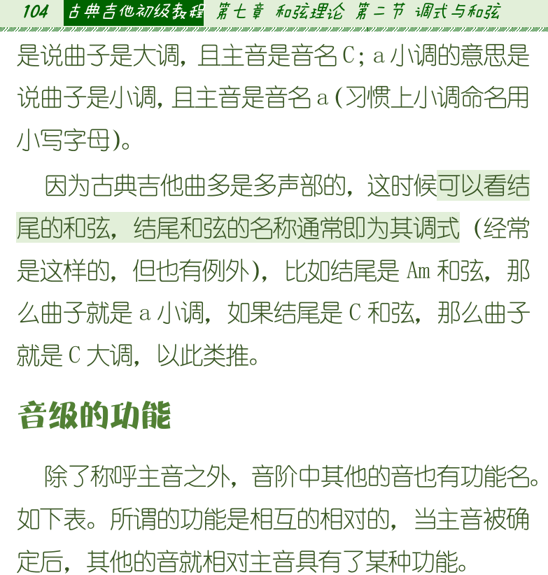 古典吉他初级教程 第104页  音级的功能  和弦的功能  C大调和A小调和弦  [左上]