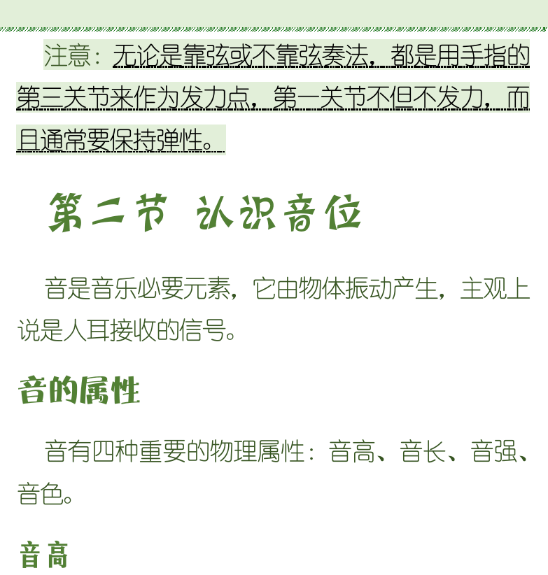 古典吉他初级教程 第16页  靠弦奏法  不靠弦奏法  靠弦和不靠弦  第二节_认识音位  音的属性  音高  音长  [右上]