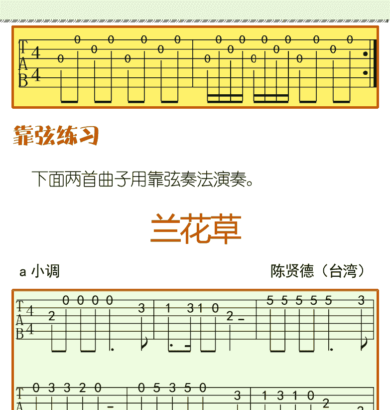 古典吉他初级教程 第21页  休止符  不靠弦练习  靠弦练习  兰花草  第四节_第一把位  把位  [右上]