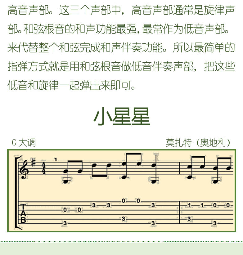古典吉他初级教程 第36页  声部和手指分工  低音伴奏  小星星  三声部  [左下]
