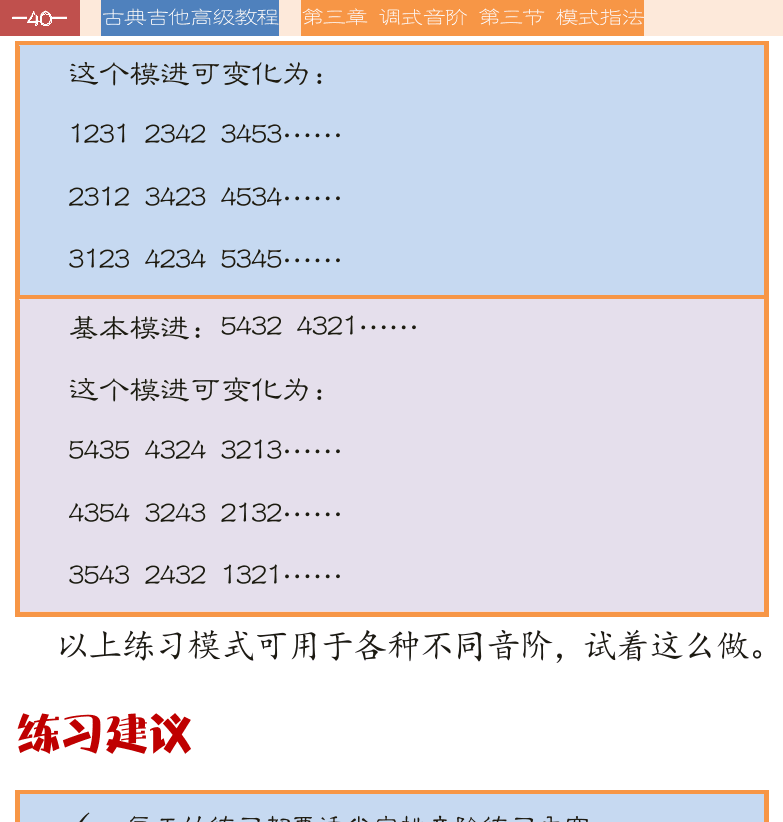 古典吉他高级教程 第40页  练习建议  第三节_模式指法  一弦两音模式  [左上]