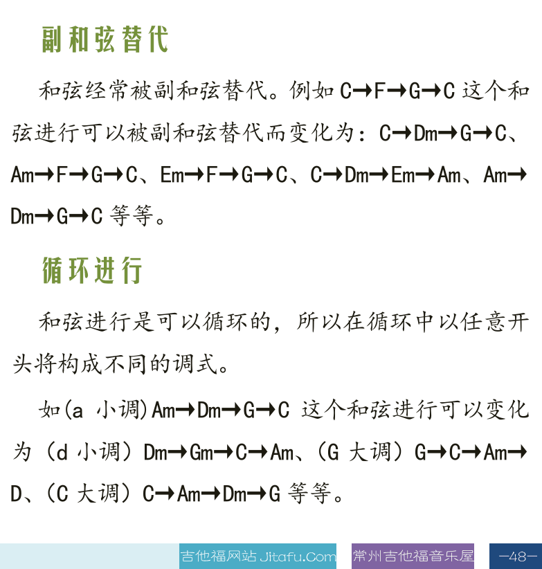 古典吉他高级教程 第48页  大小调和弦  主和弦结尾  终止式进行  副和弦替代  循环进行  [右下]