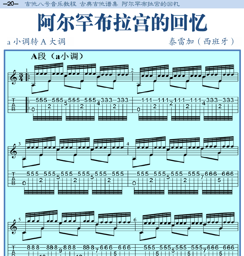 古典吉他谱集 第20页  阿尔罕布拉宫的回忆  [左上]