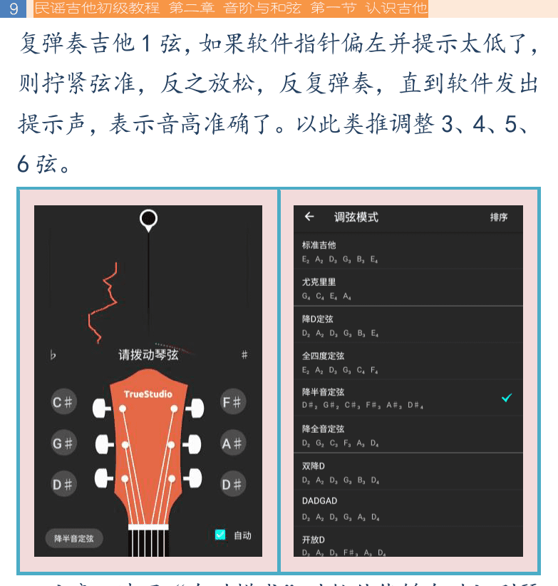民谣吉他初级教程 第9页  持琴姿势  手指符号  拨弦发音  [左上]