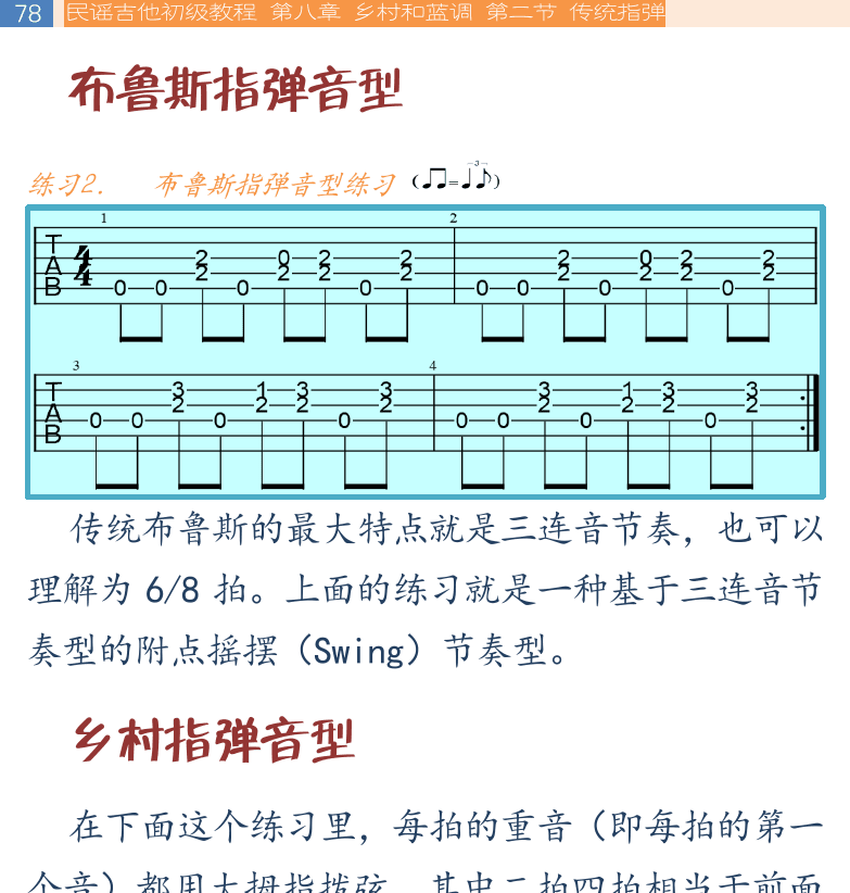 民谣吉他初级教程 第78页  布鲁斯指弹音型  乡村指弹音型  乡村之路带我回家  古典指弹音型  流行指弹音型  [左上]