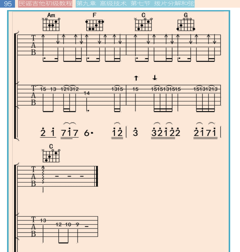 民谣吉他初级教程 第95页  揉弦颤音  第七节_拨片分解和弦  [左上]