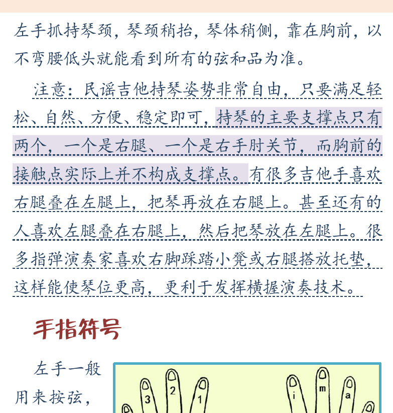 民谣吉他初级教程 第9页  持琴姿势  手指符号  拨弦发音  [右上]