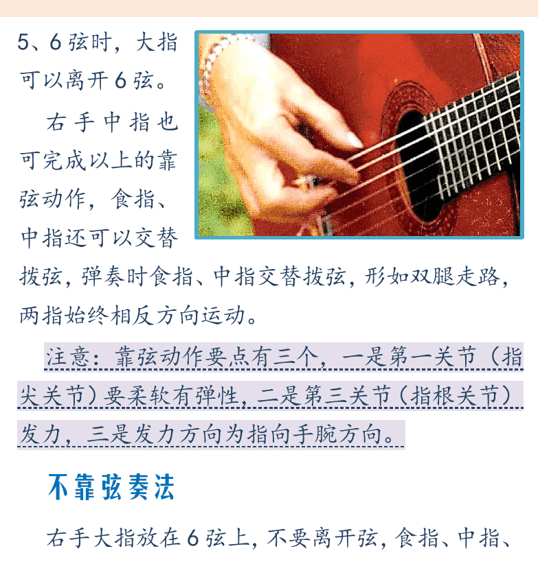 民谣吉他初级教程 第10页  右手动作  靠弦奏法  不靠弦奏法  [右上]