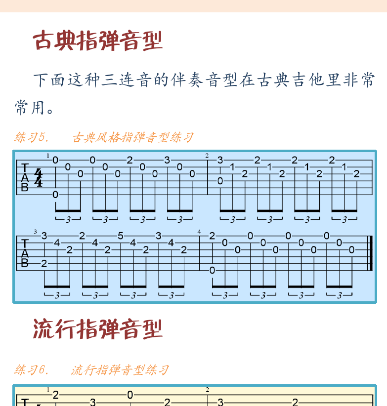 民谣吉他初级教程 第78页  布鲁斯指弹音型  乡村指弹音型  乡村之路带我回家  古典指弹音型  流行指弹音型  [右上]