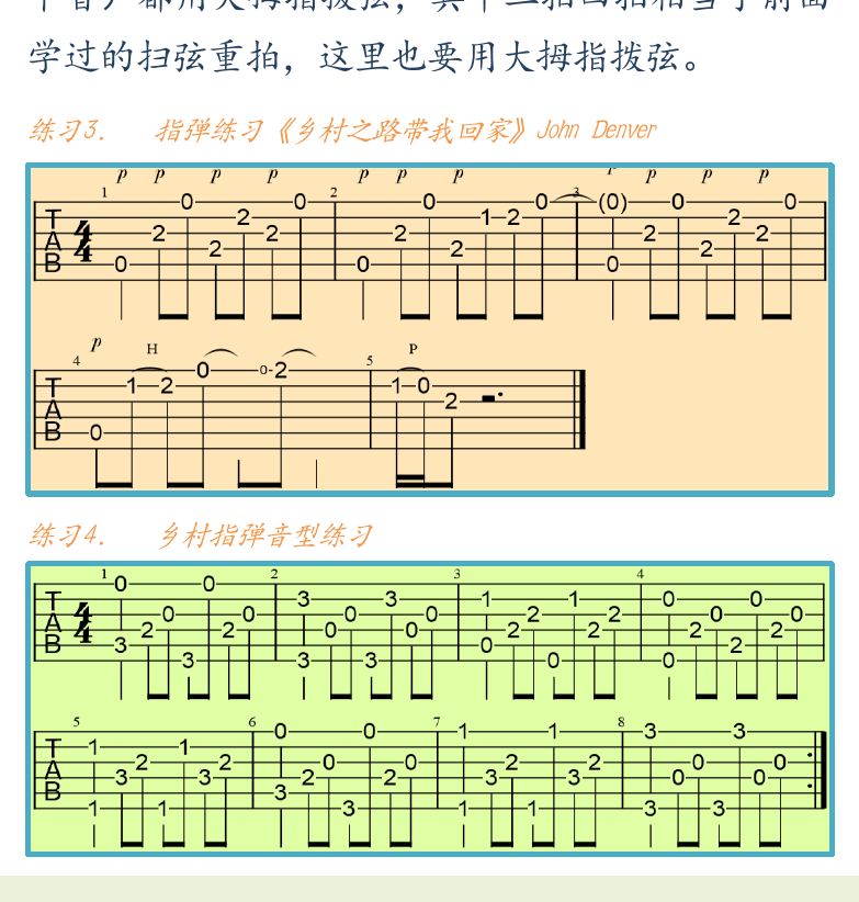 民谣吉他初级教程 第78页  布鲁斯指弹音型  乡村指弹音型  乡村之路带我回家  古典指弹音型  流行指弹音型  [左下]