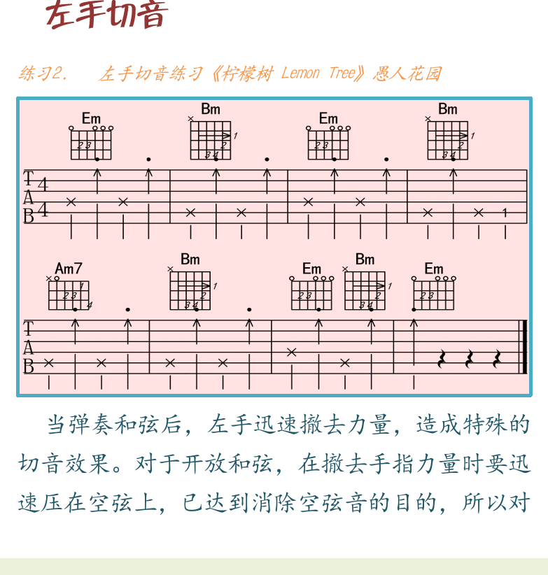 民谣吉他初级教程 第86页  左手切音  柠檬树_Lemon_Tree  雷鬼节奏  只有一个愿望  第四节_爵士初步  [左下]