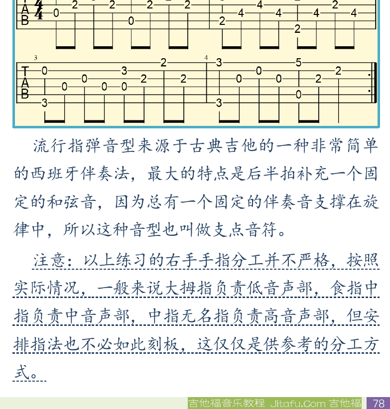 民谣吉他初级教程 第78页  布鲁斯指弹音型  乡村指弹音型  乡村之路带我回家  古典指弹音型  流行指弹音型  [右下]