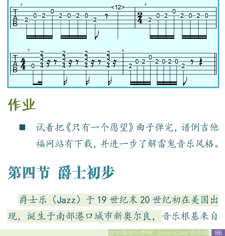 民谣吉他初级教程 第86页  左手切音  柠檬树_Lemon_Tree  雷鬼节奏  只有一个愿望  第四节_爵士初步  [右下]