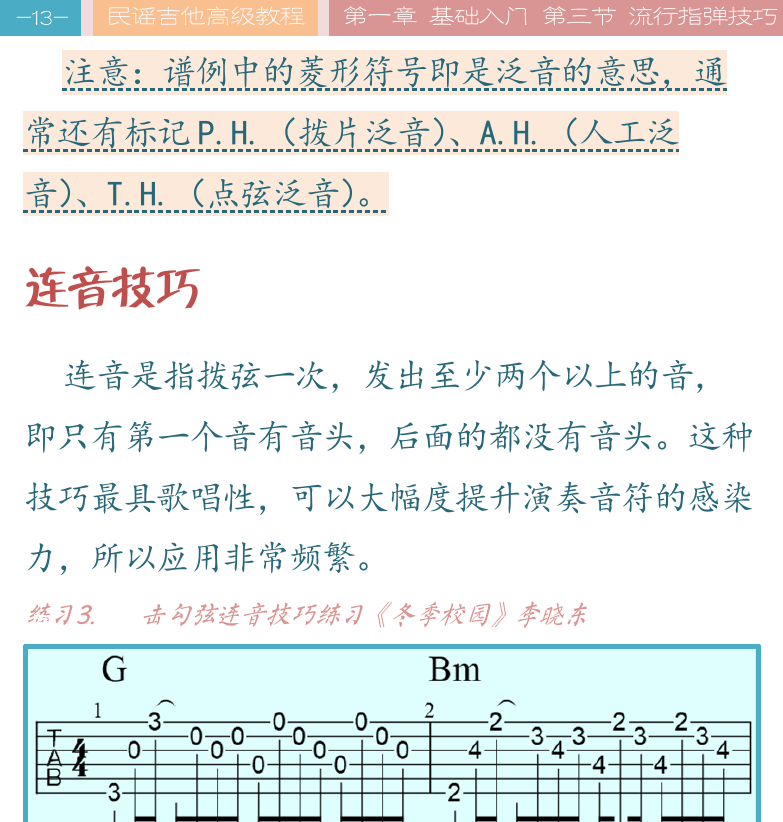 民谣吉他高级教程 第13页  连音技巧  冬季校园  轮指震音  世上只有妈妈好  [左上]