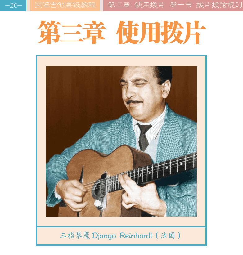 民谣吉他高级教程 第20页  第三章_使用拨片  第一节_拨片拨弦规则  认识拨片  拨片持拿姿势  [左上]