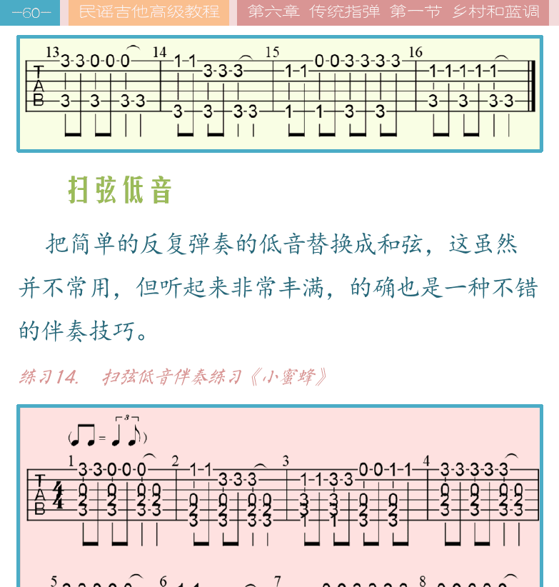 民谣吉他高级教程 第60页  扫弦低音  小蜜蜂-2  交替低音  小蜜蜂-3  和弦低音  小蜜蜂-4  [左上]