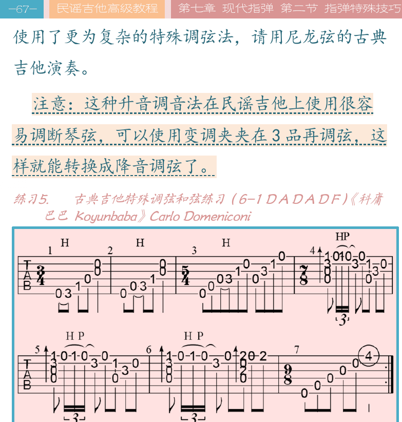 民谣吉他高级教程 第67页  科庸巴巴  蜘蛛变调夹  第二节_指弹特殊技巧  拍勾奏法  [左上]