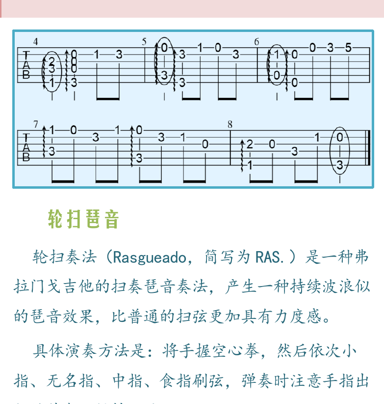 民谣吉他高级教程 第11页  第三节_流行指弹技巧  指弹琶音  指弹琶音  轮扫琶音  泛音奏法  [右上]