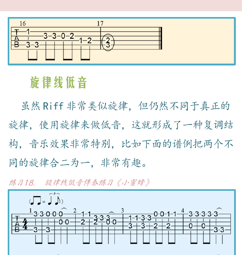 民谣吉他高级教程 第61页  连复段低音  小蜜蜂-5  旋律线低音  小蜜蜂-6  即兴指弹  [右上]