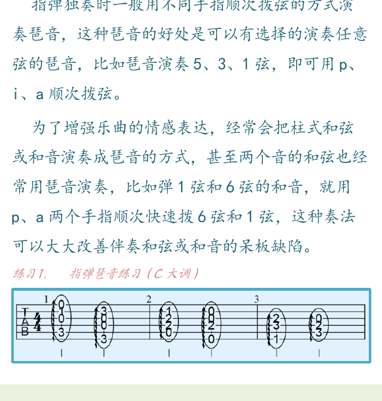 民谣吉他高级教程 第11页  第三节_流行指弹技巧  指弹琶音  指弹琶音  轮扫琶音  泛音奏法  [左下]