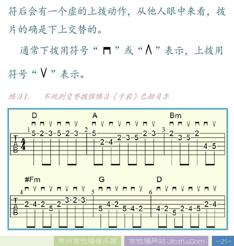 民谣吉他高级教程 第21页  拨弦发力方式  拨弦方向规则  交替拨弦  卡农旋律  [右下]