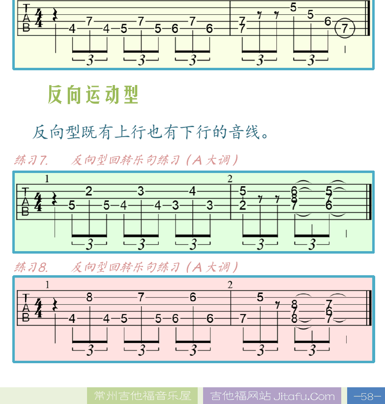 民谣吉他高级教程 第58页  布鲁斯回转乐句  扩展型回转乐句  收缩型乐句  反向运动型  [右下]