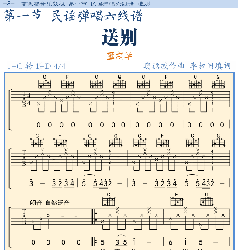 民谣吉他弹唱谱集 第3页  第一节_民谣弹唱六线谱  送别  [左上]