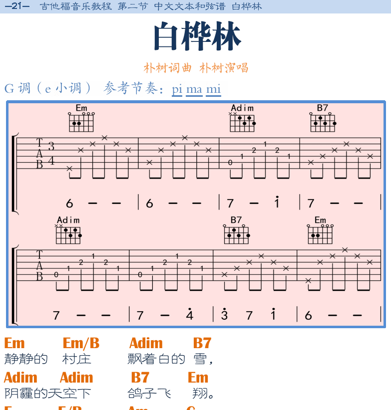 民谣吉他弹唱谱集 第21页  白桦林  [左上]