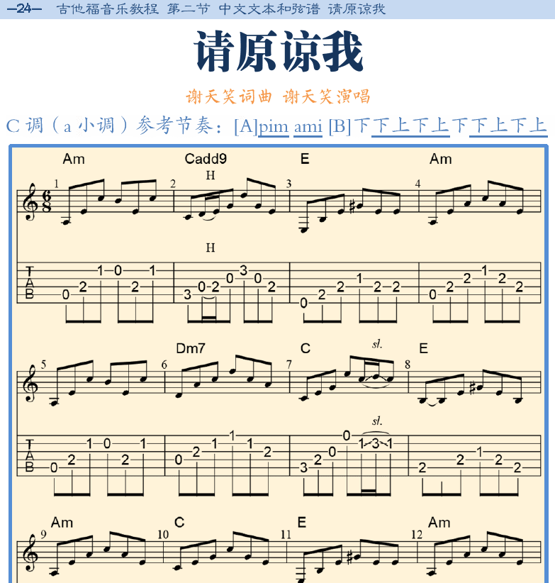 民谣吉他弹唱谱集 第24页  请原谅我  [左上]