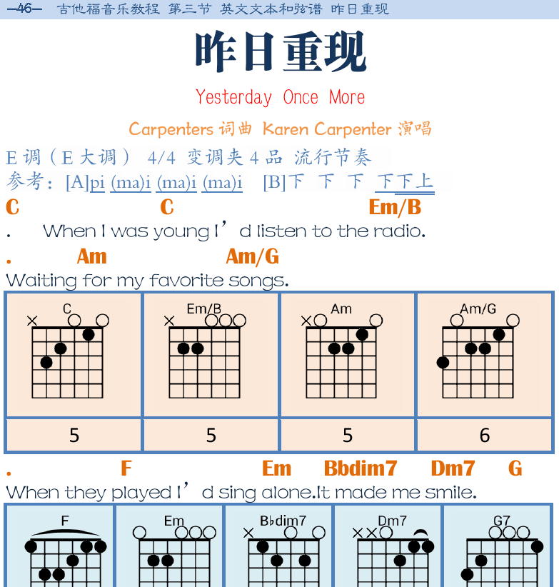 民谣吉他弹唱谱集 第46页  昨日重现  Yesterday_Once_More  [左上]