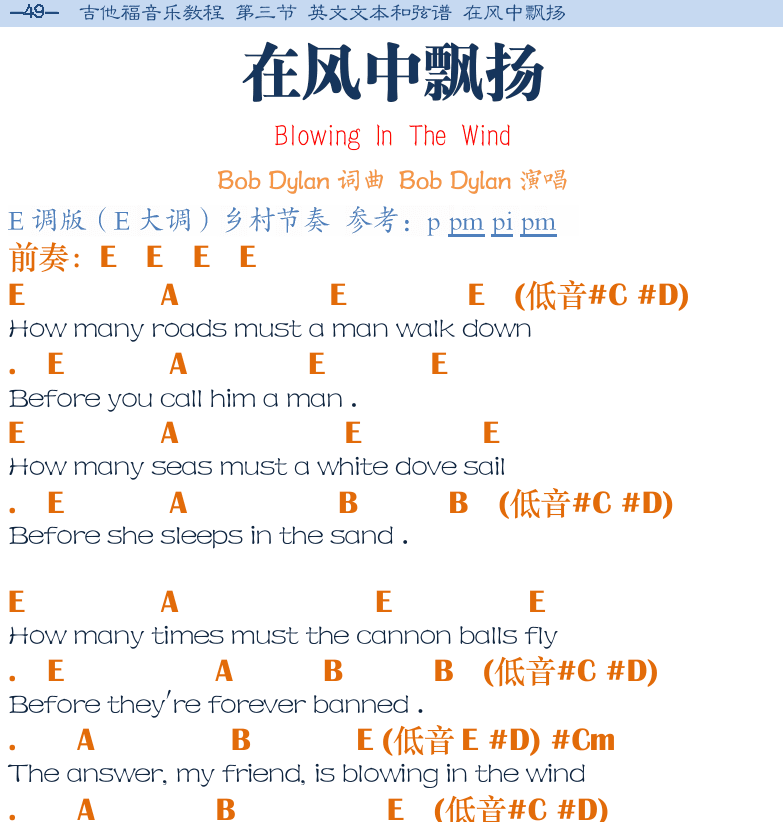 民谣吉他弹唱谱集 第49页  在风中飘扬  Blowing_In_The_Wind  [左上]