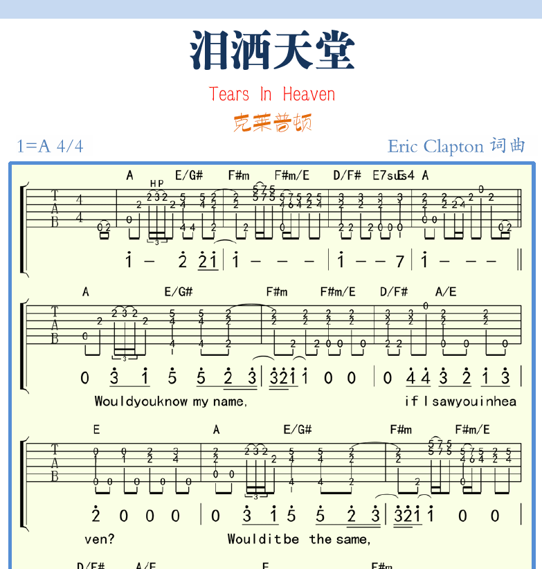 民谣吉他弹唱谱集 第6页  泪洒天堂  Tears_In_Heaven  [右上]