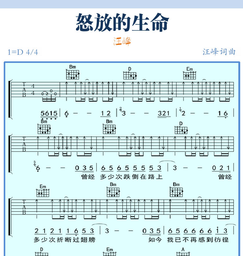 民谣吉他弹唱谱集 第8页  怒放的生命  [右上]