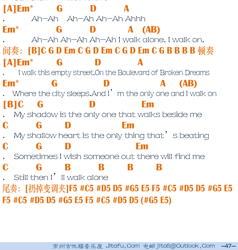 民谣吉他弹唱谱集 第47页  梦碎大道  Boulevard_Of_Broken_Dreams  [右下]